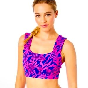 🌴LILLY PULITZER KARENA RUFFLE SPORT BRA / PINK FLOCKING TO PARADISE NWOTS S